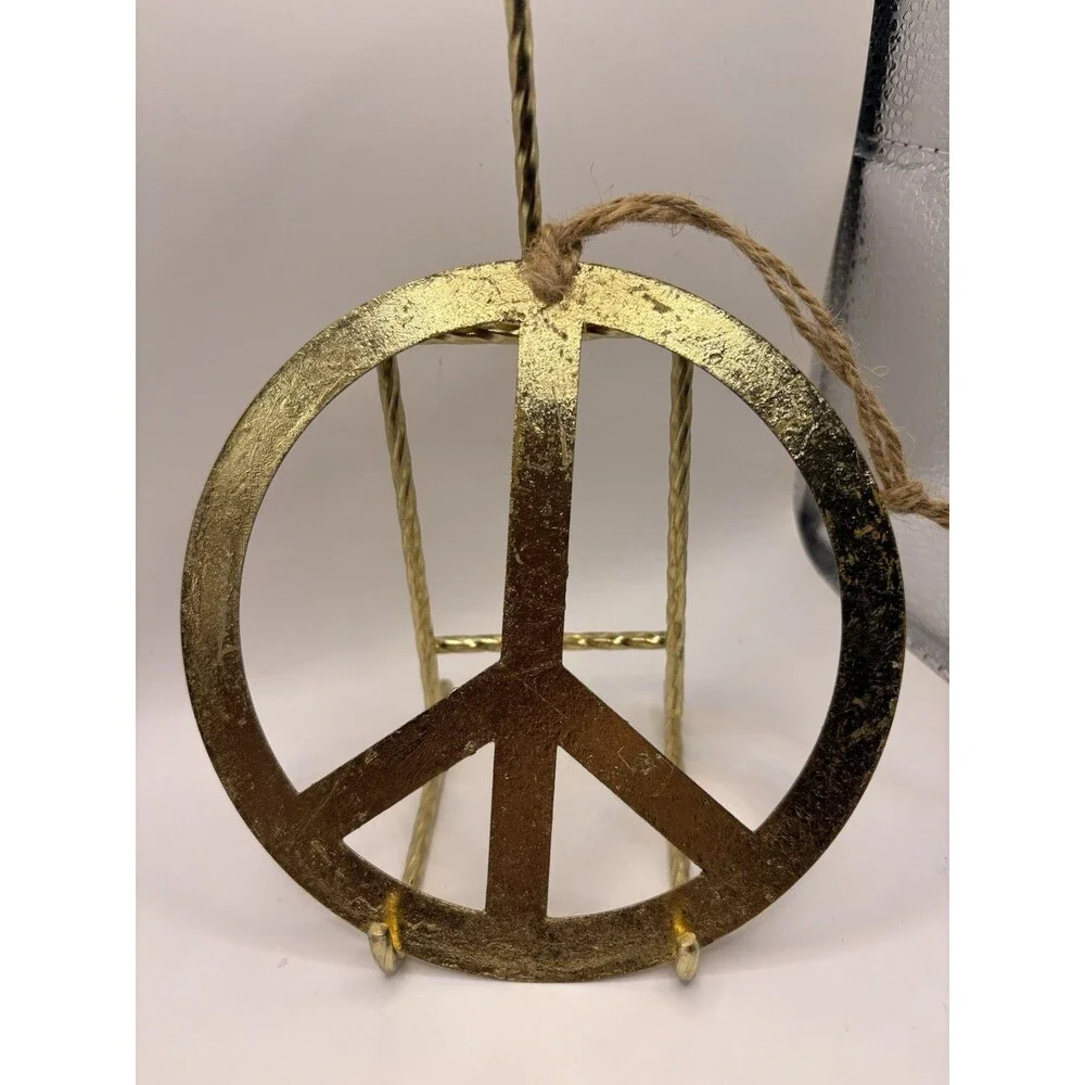 Pottery Barn Gold Hammered Metal Peace Sign Ornament 5” Christmas Decor